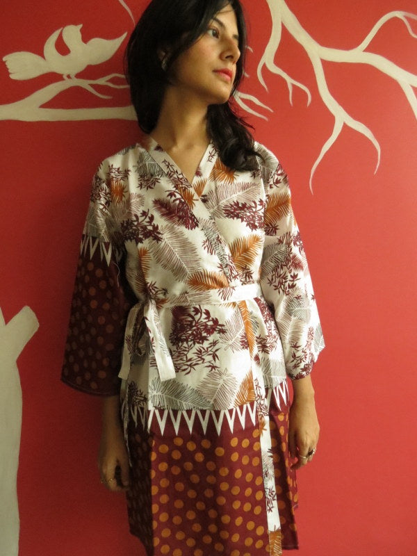 White Maroon leafy Knee Length, Kimono Crossover Belted Robe-1