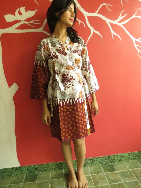 White Maroon leafy Knee Length, Kimono Crossover Belted Robe-3