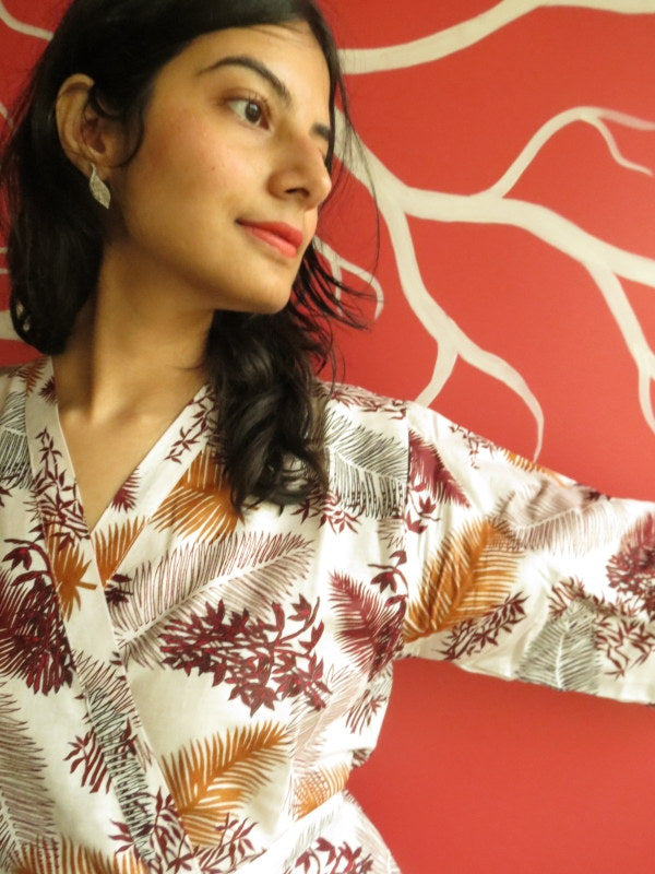 White Maroon leafy Knee Length, Kimono Crossover Belted Robe-4