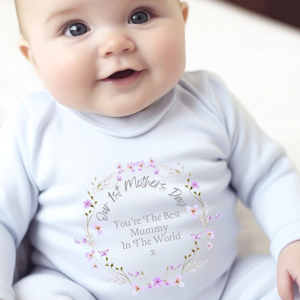 Our 1st Mother's Day Pretty Flowers Baby Outfit: Bib, Vest, Baby Grow-0