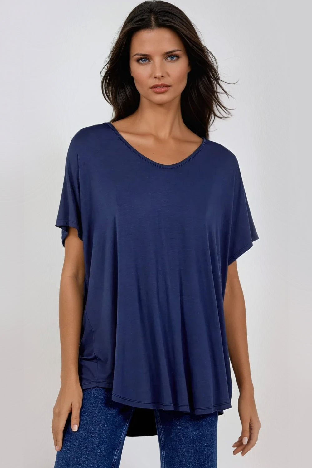 Navy Oversized V Neck T Shirt-0
