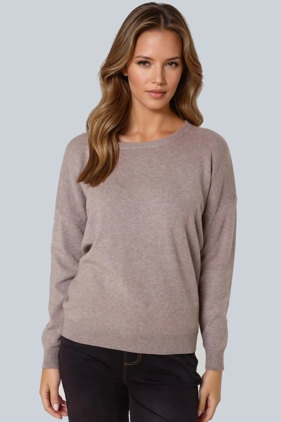 Mocha Crew Neck Fine Knit Jumper-0