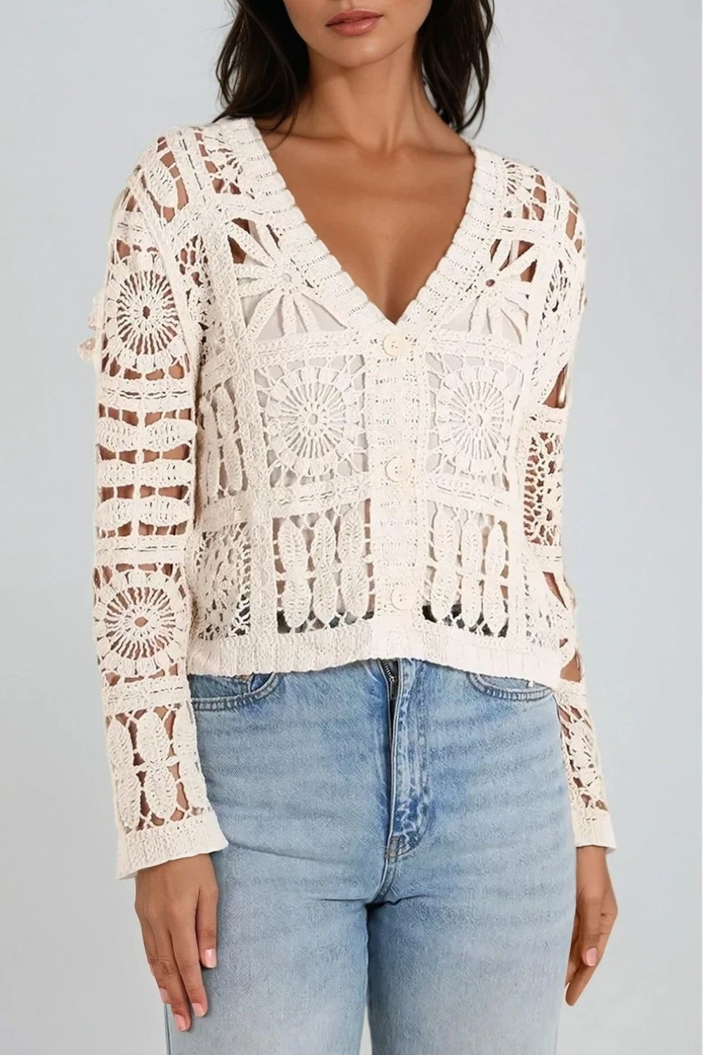 Beige Patchwork Crochet V Neck Cardigan-2