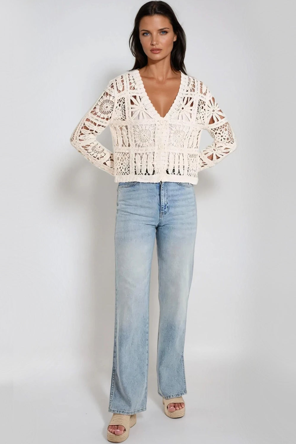 Beige Patchwork Crochet V Neck Cardigan-0