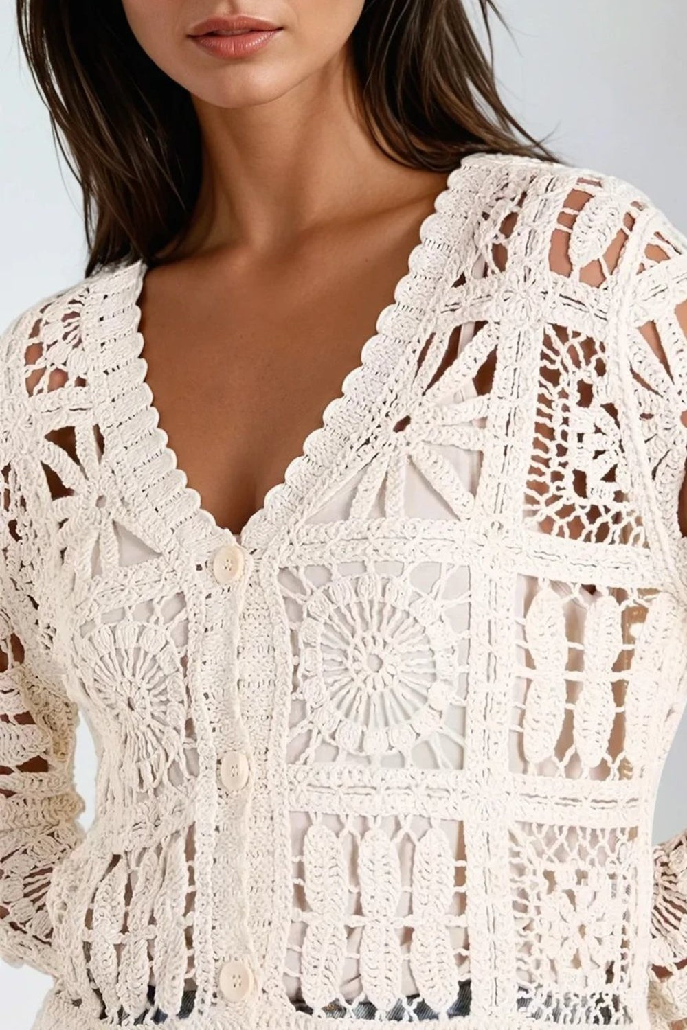 Beige Patchwork Crochet V Neck Cardigan-1