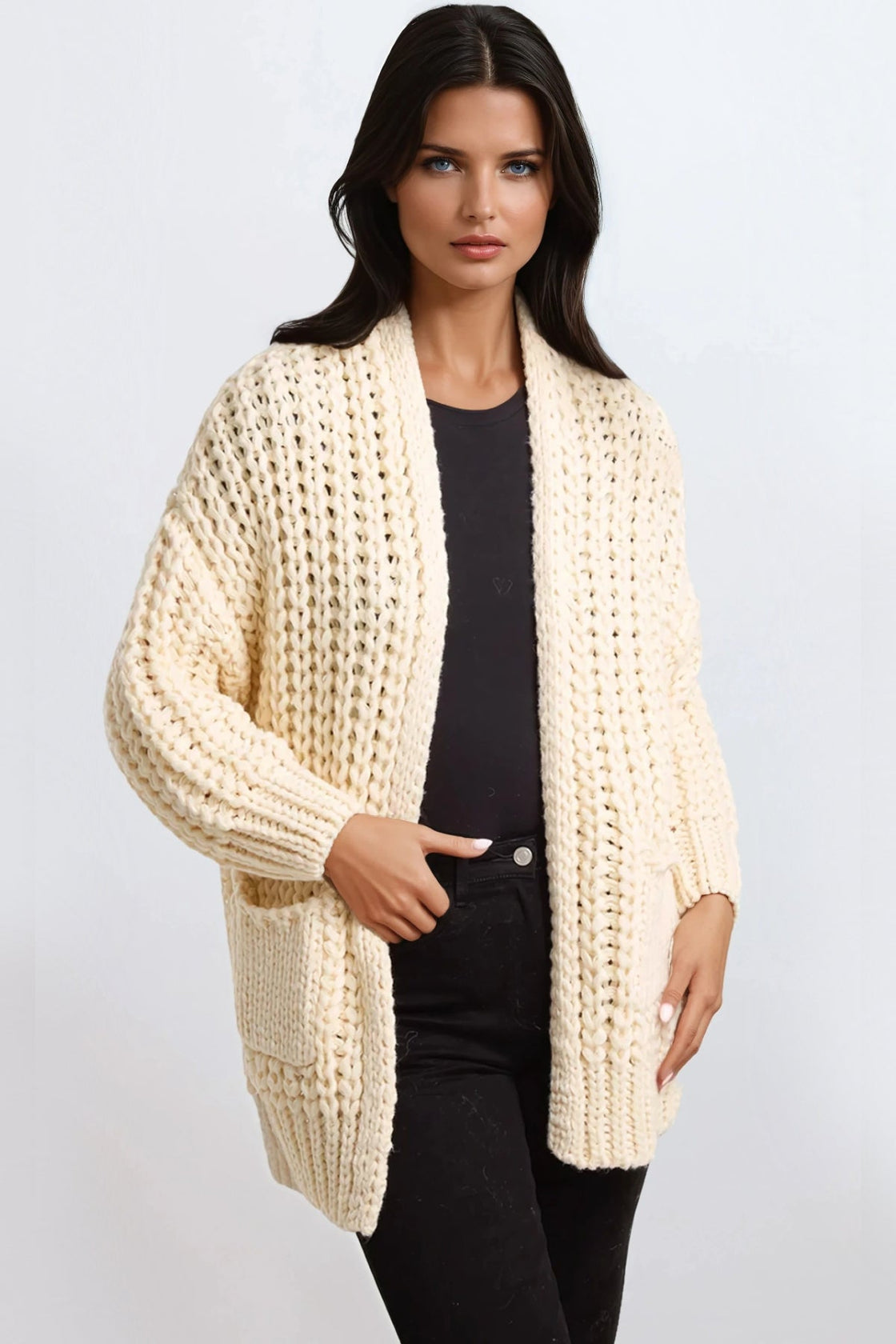 Cream Chunky Knit Cardigan With Pockets-0