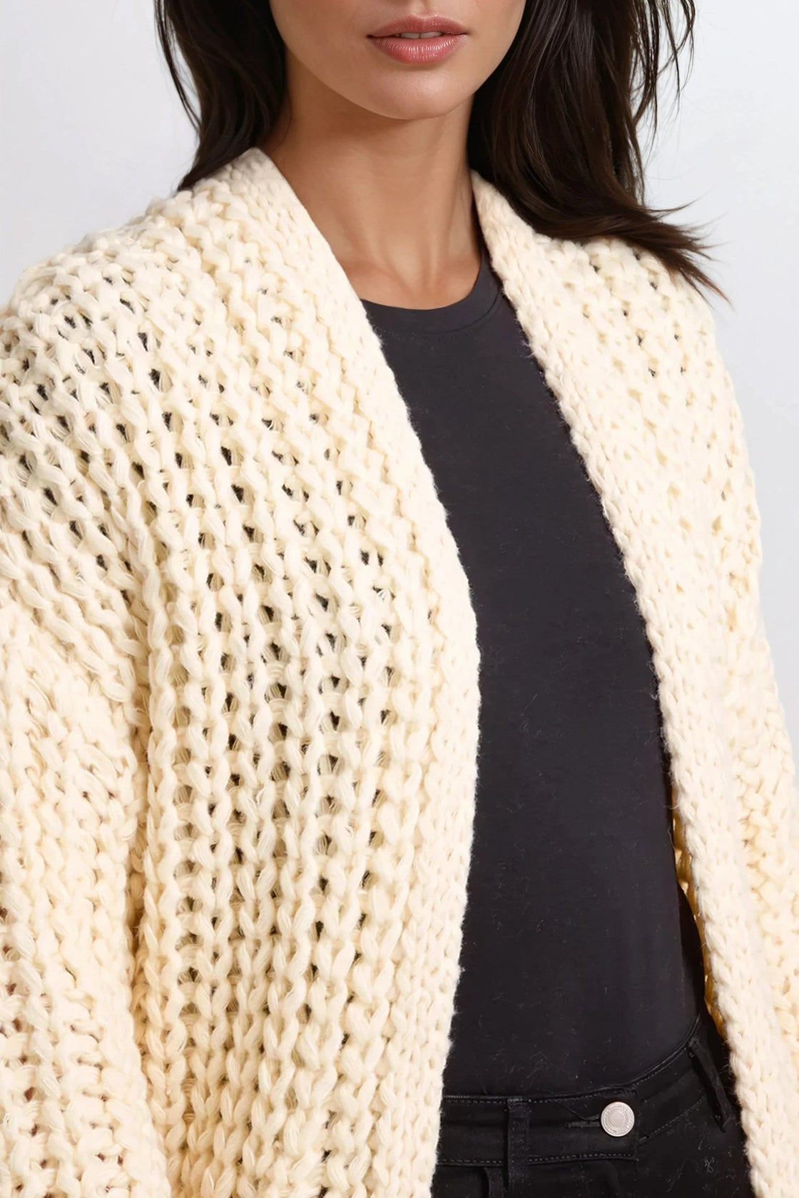 Cream Chunky Knit Cardigan With Pockets-1