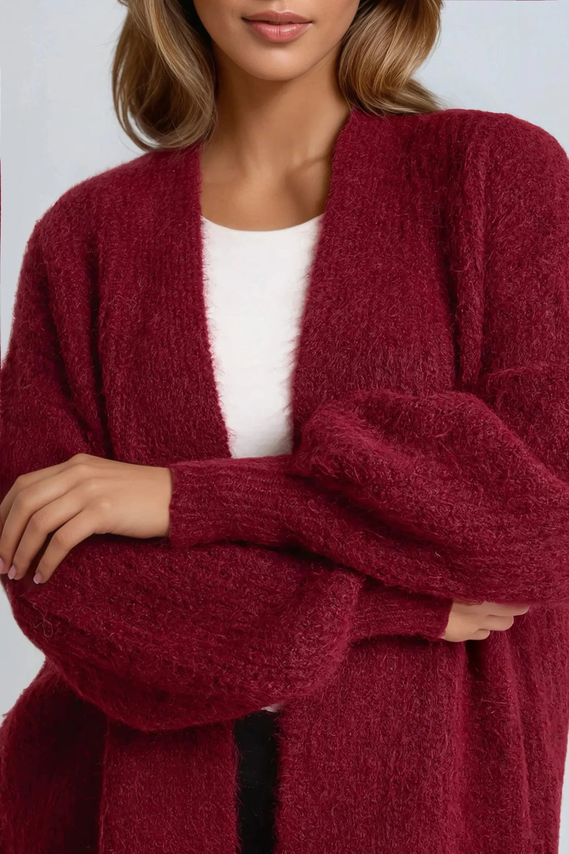Wine Wool Blend Balloon Sleeve Knitted Cardigan-1